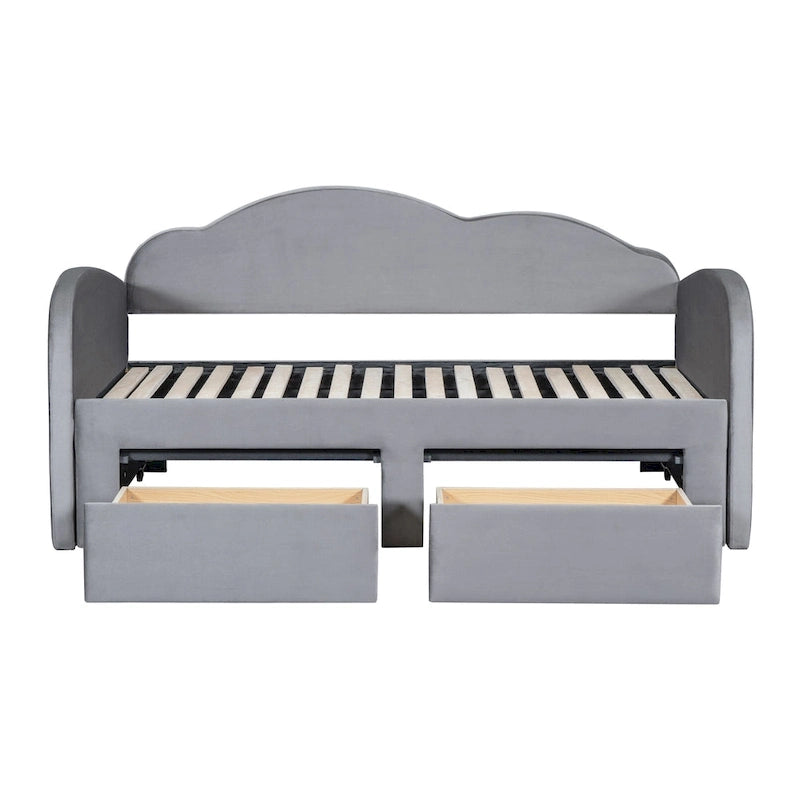 Lit de jour double en velours nuage avec lit gigogne, tiroirs et port USB