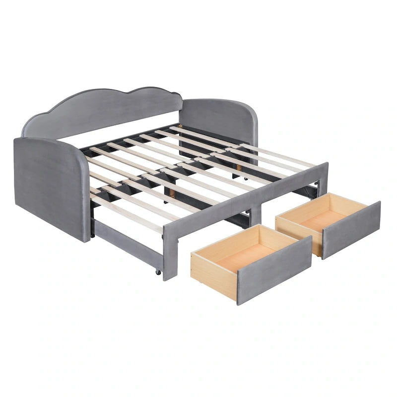 Lit de jour double en velours nuage avec lit gigogne, tiroirs et port USB