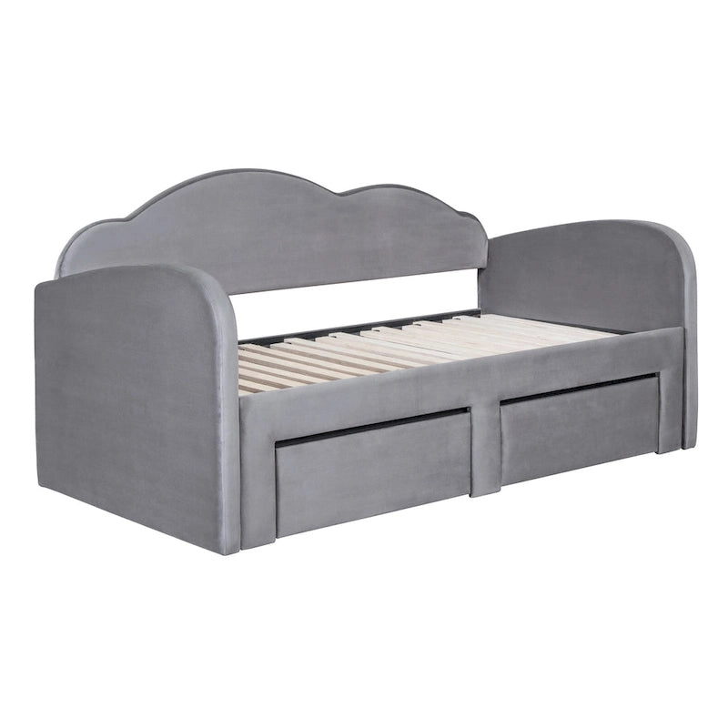 Lit de jour double en velours nuage avec lit gigogne, tiroirs et port USB