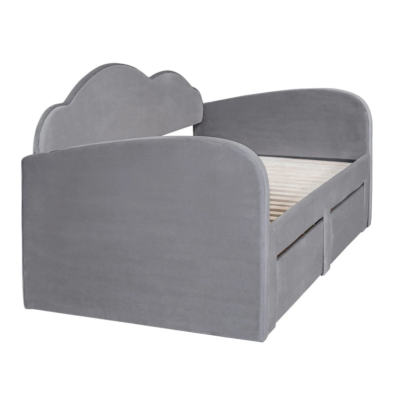 Lit de jour double en velours nuage avec lit gigogne, tiroirs et port USB