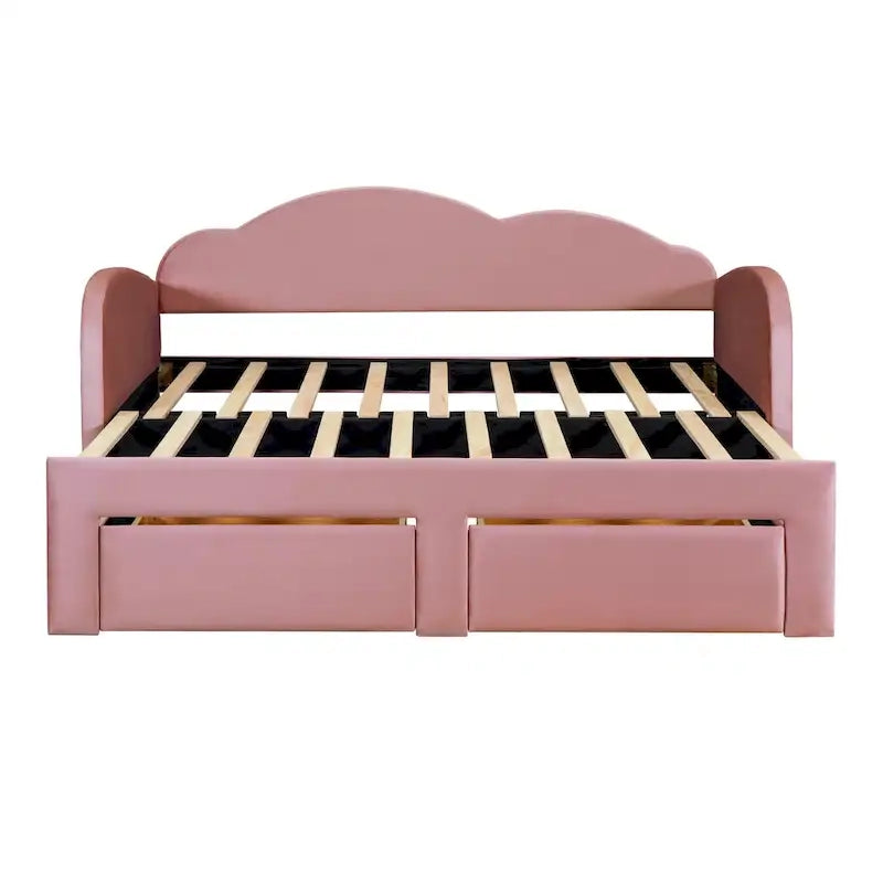 Lit de jour double en velours nuage avec lit gigogne, tiroirs et port USB