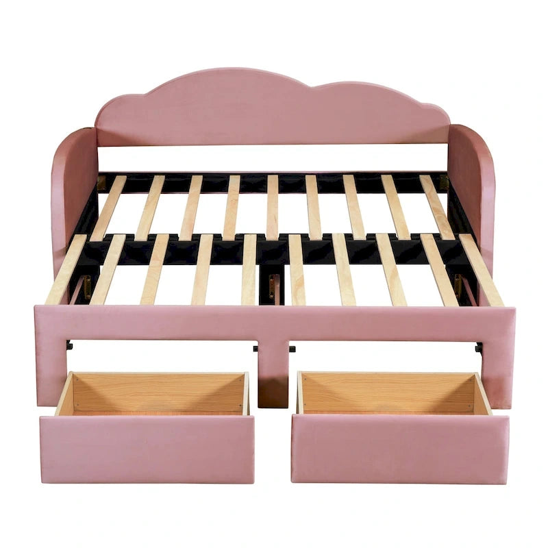 Lit de jour double en velours nuage avec lit gigogne, tiroirs et port USB