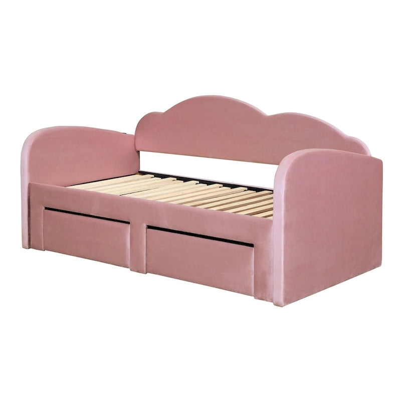Lit de jour double en velours nuage avec lit gigogne, tiroirs et port USB