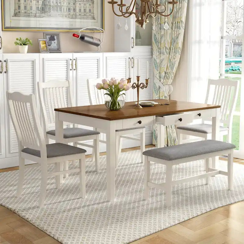 Ensemble de salle à manger en bois 6 pièces avec table, 4 chaises et banc, table avec tiroir