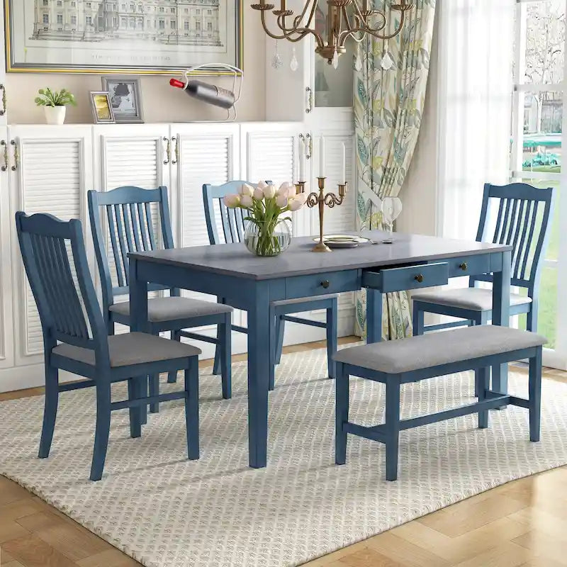 Ensemble de salle à manger en bois 6 pièces avec table, 4 chaises et banc, table avec tiroir