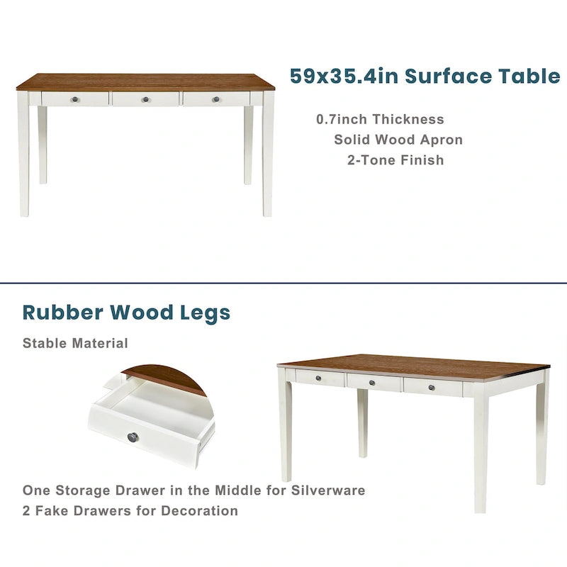 Ensemble de salle à manger en bois 6 pièces avec table, 4 chaises et banc, table avec tiroir