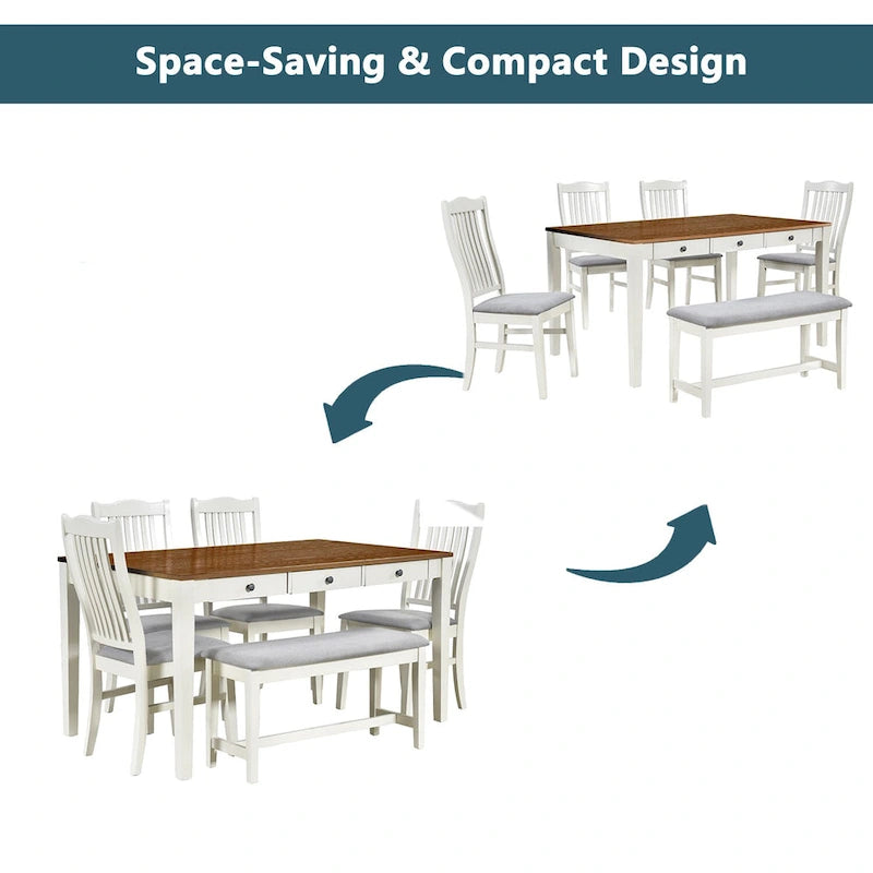 Ensemble de salle à manger en bois 6 pièces avec table, 4 chaises et banc, table avec tiroir