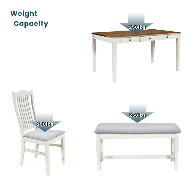 Ensemble de salle à manger en bois 6 pièces avec table, 4 chaises et banc, table avec tiroir