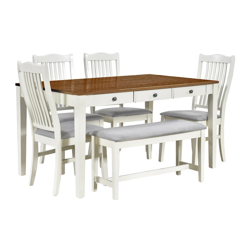 Ensemble de salle à manger en bois 6 pièces avec table, 4 chaises et banc, table avec tiroir