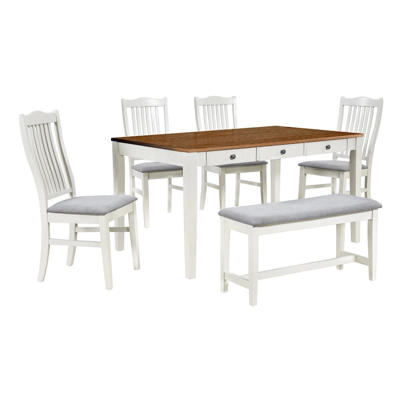 Ensemble de salle à manger en bois 6 pièces avec table, 4 chaises et banc, table avec tiroir