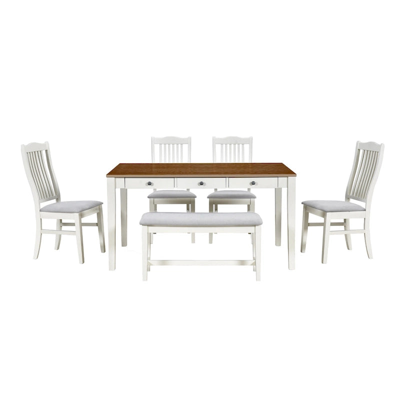 Ensemble de salle à manger en bois 6 pièces avec table, 4 chaises et banc, table avec tiroir