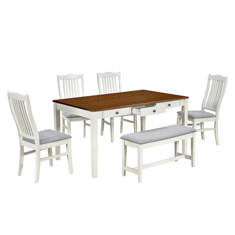 Ensemble de salle à manger en bois 6 pièces avec table, 4 chaises et banc, table avec tiroir