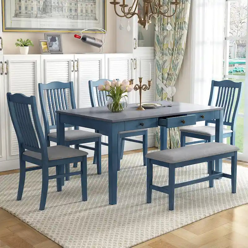 Ensemble de salle à manger en bois 6 pièces avec table, 4 chaises et banc, table avec tiroir