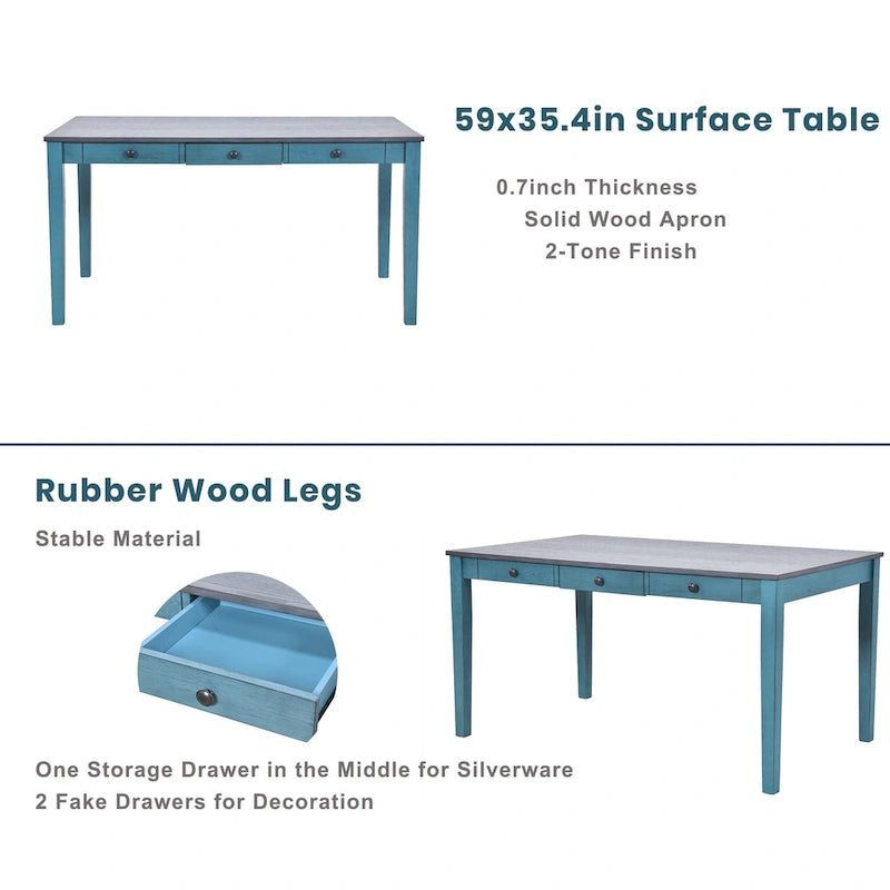Ensemble de salle à manger en bois 6 pièces avec table, 4 chaises et banc, table avec tiroir