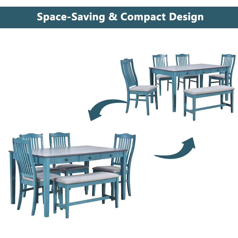 Ensemble de salle à manger en bois 6 pièces avec table, 4 chaises et banc, table avec tiroir