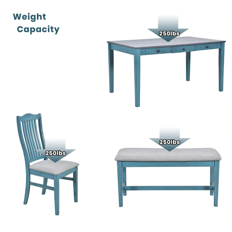 Ensemble de salle à manger en bois 6 pièces avec table, 4 chaises et banc, table avec tiroir