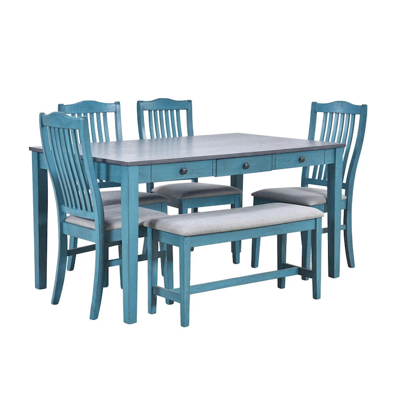 Ensemble de salle à manger en bois 6 pièces avec table, 4 chaises et banc, table avec tiroir