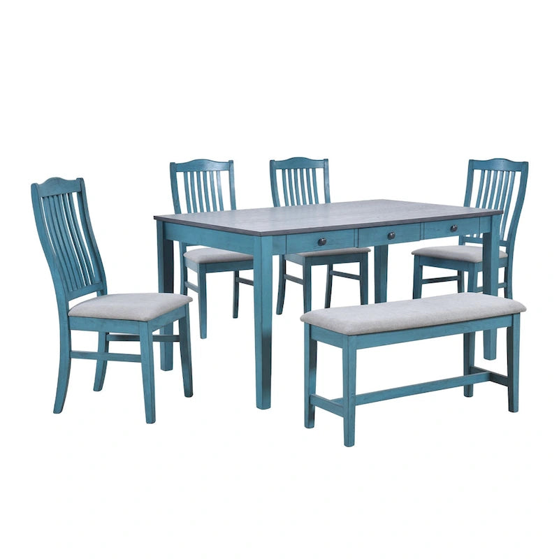 Ensemble de salle à manger en bois 6 pièces avec table, 4 chaises et banc, table avec tiroir
