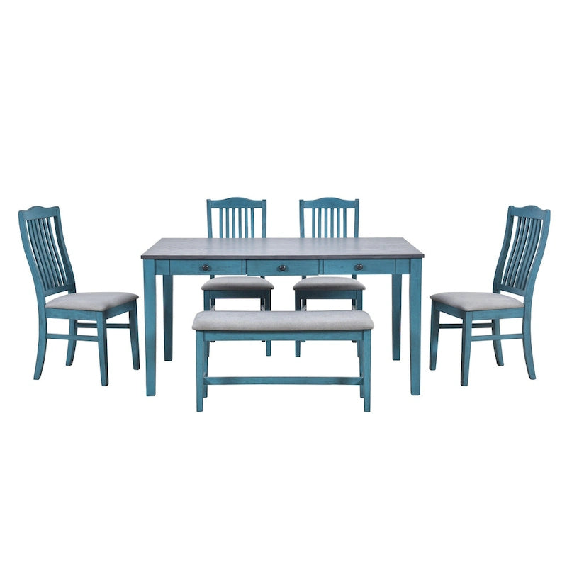 Ensemble de salle à manger en bois 6 pièces avec table, 4 chaises et banc, table avec tiroir
