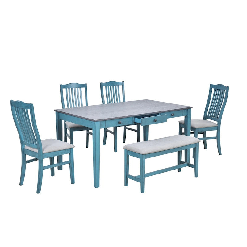 Ensemble de salle à manger en bois 6 pièces avec table, 4 chaises et banc, table avec tiroir