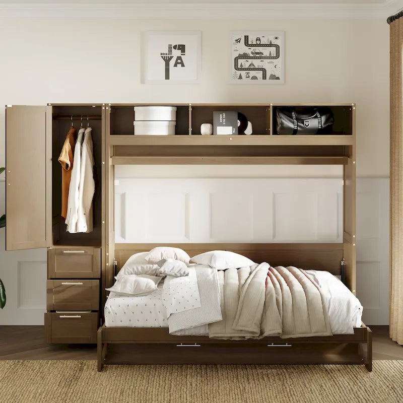 Lit escamotable en bois pleine grandeur avec armoire, tiroirs et étagères