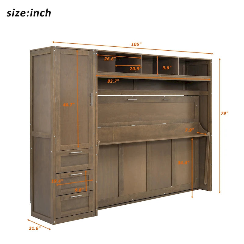 Lit escamotable en bois pleine grandeur avec armoire, tiroirs et étagères