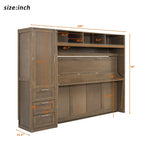 Lit escamotable en bois pleine grandeur avec armoire, tiroirs et étagères