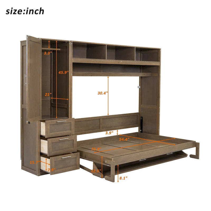 Lit escamotable en bois pleine grandeur avec armoire, tiroirs et étagères