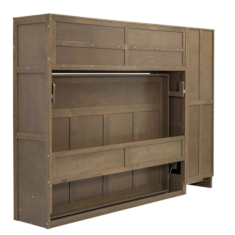 Lit escamotable en bois pleine grandeur avec armoire, tiroirs et étagères