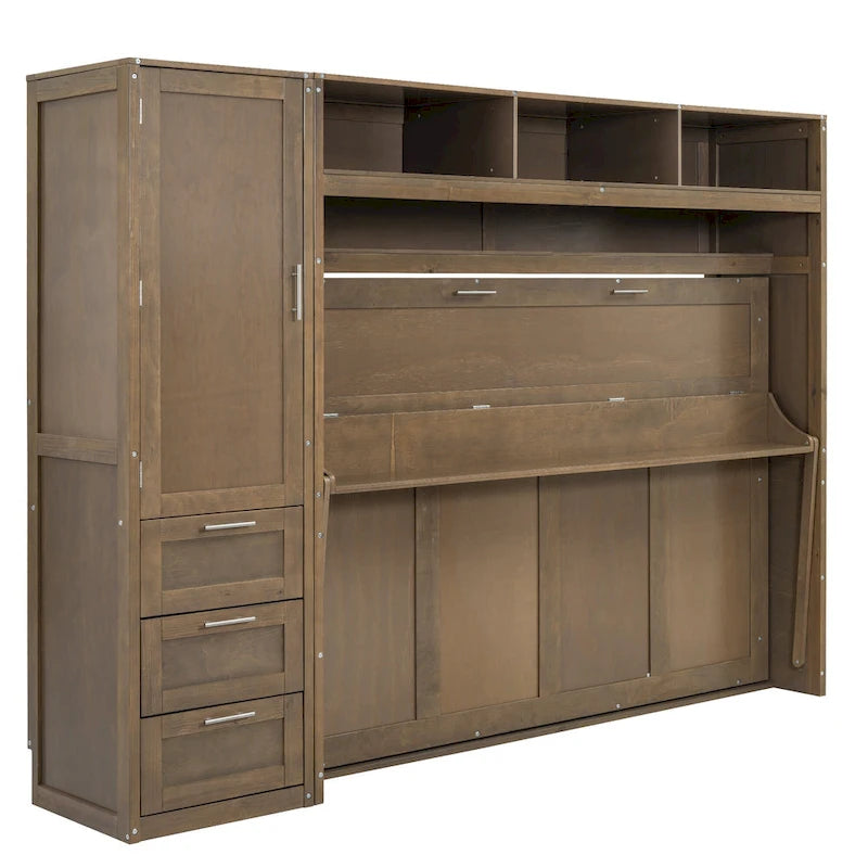 Lit escamotable en bois pleine grandeur avec armoire, tiroirs et étagères