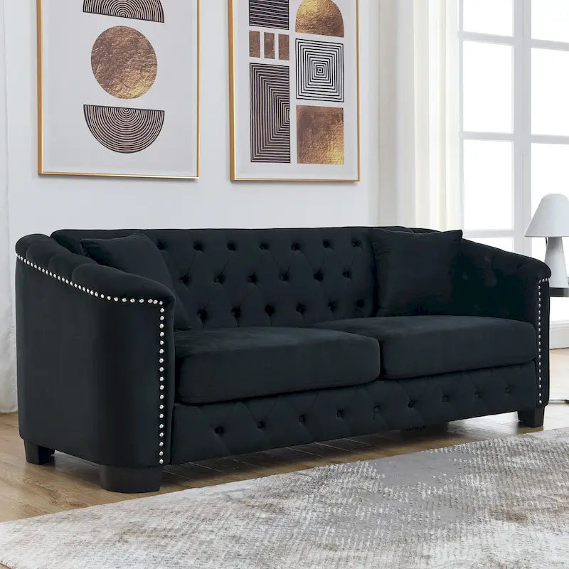 Canapé 3 places Chesterfield en velours capitonné avec ornement clouté, coloris 77