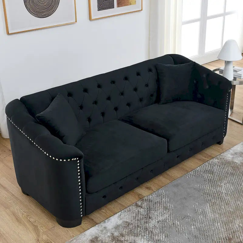 Canapé 3 places Chesterfield en velours capitonné avec ornement clouté, coloris 77