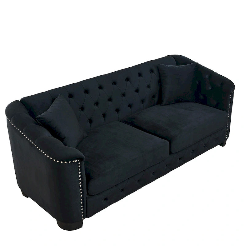 Canapé 3 places Chesterfield en velours capitonné avec ornement clouté, coloris 77