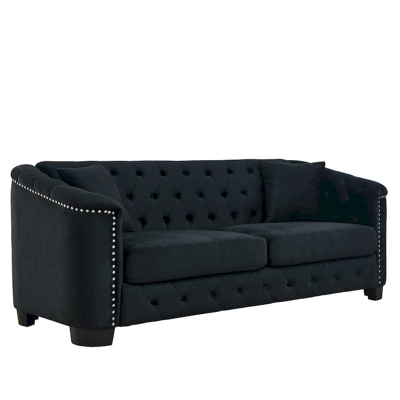 Canapé 3 places Chesterfield en velours capitonné avec ornement clouté, coloris 77