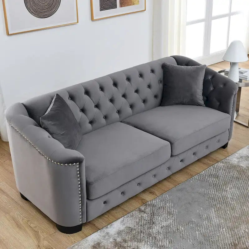 Canapé 3 places Chesterfield en velours capitonné avec ornement clouté, coloris 77