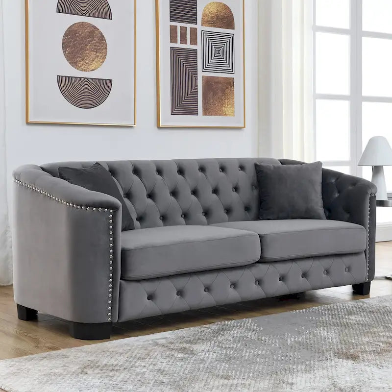 Canapé 3 places Chesterfield en velours capitonné avec ornement clouté, coloris 77
