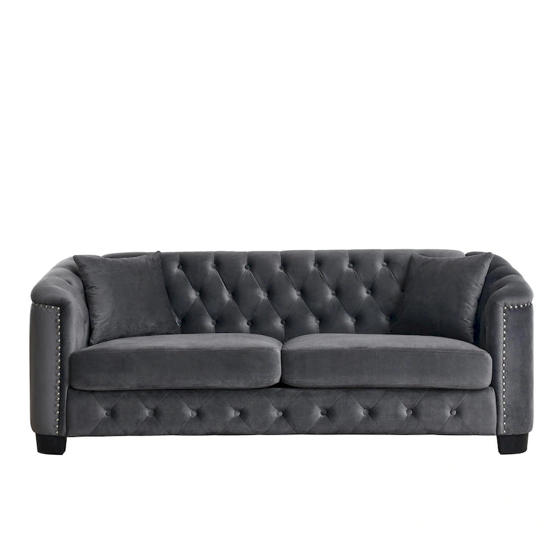 Canapé 3 places Chesterfield en velours capitonné avec ornement clouté, coloris 77