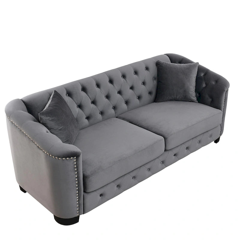 Canapé 3 places Chesterfield en velours capitonné avec ornement clouté, coloris 77