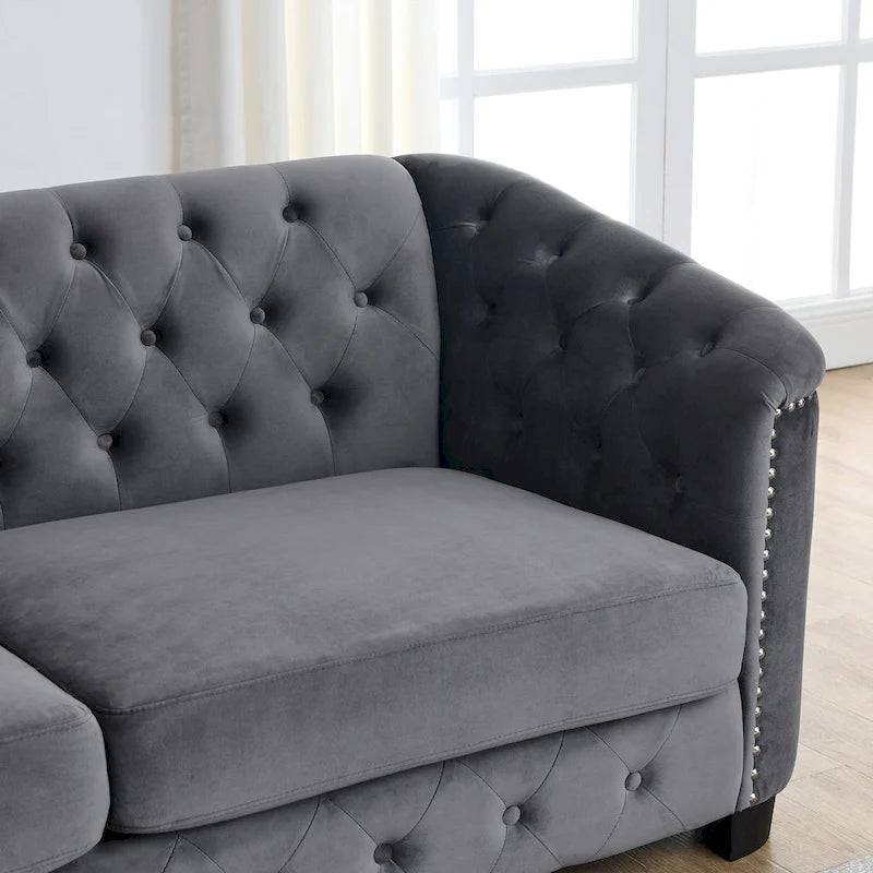 Canapé 3 places Chesterfield en velours capitonné avec ornement clouté, coloris 77