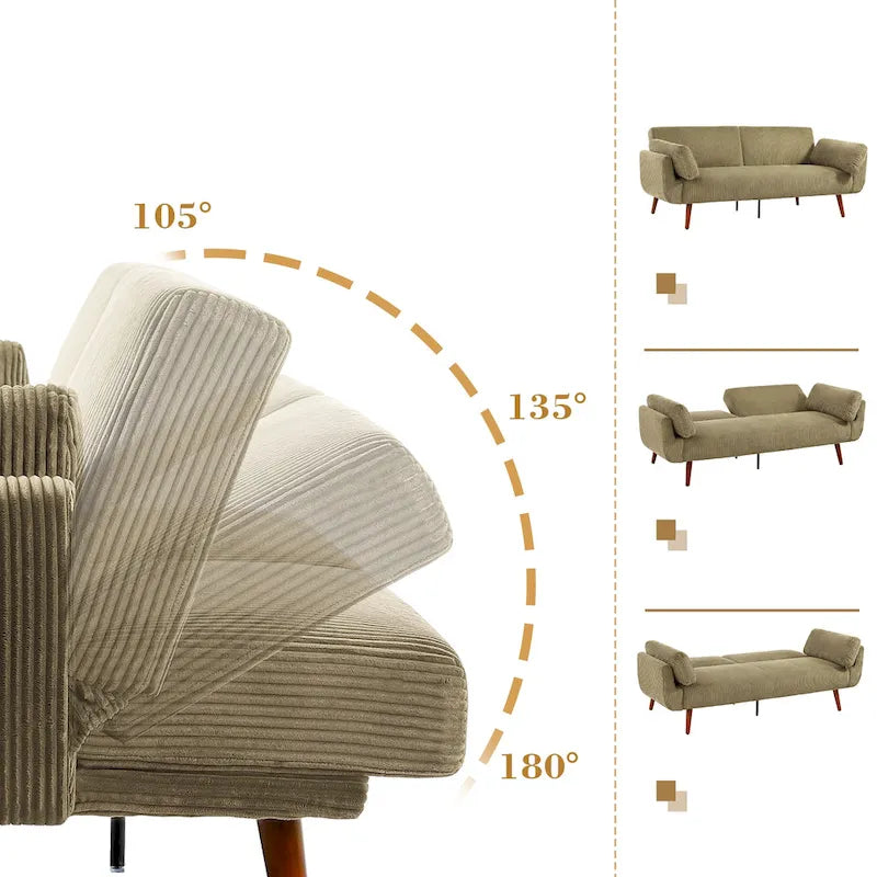 Canapé-lit convertible moderne en velours côtelé, 73,3 cm de largeur, accoudoirs évasés