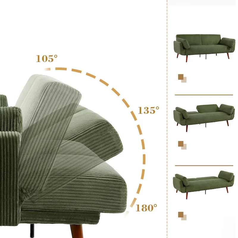 Canapé-lit convertible moderne en velours côtelé, 73,3 cm de largeur, accoudoirs évasés