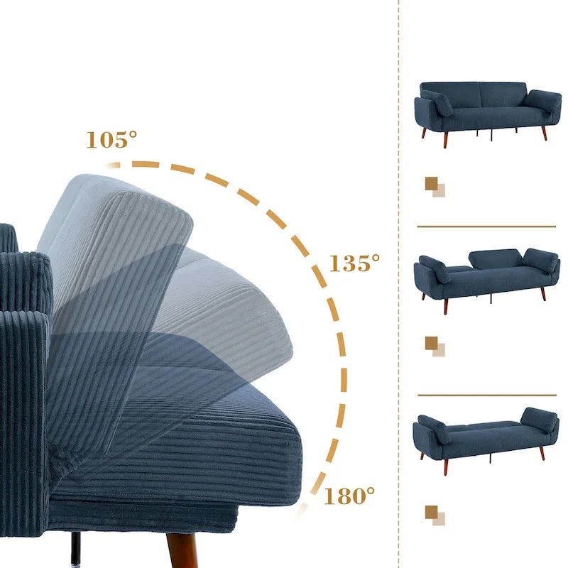Canapé-lit convertible moderne en velours côtelé, 73,3 cm de largeur, accoudoirs évasés