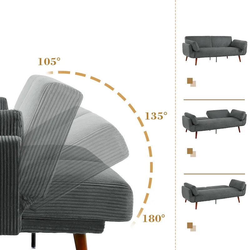 Canapé-lit convertible moderne en velours côtelé, 73,3 cm de largeur, accoudoirs évasés