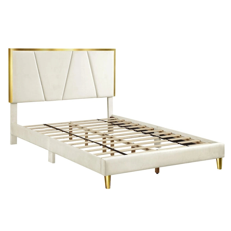 Lit plateforme entièrement rembourré DH BASIC Glam Beige avec accents dorés par Denhour