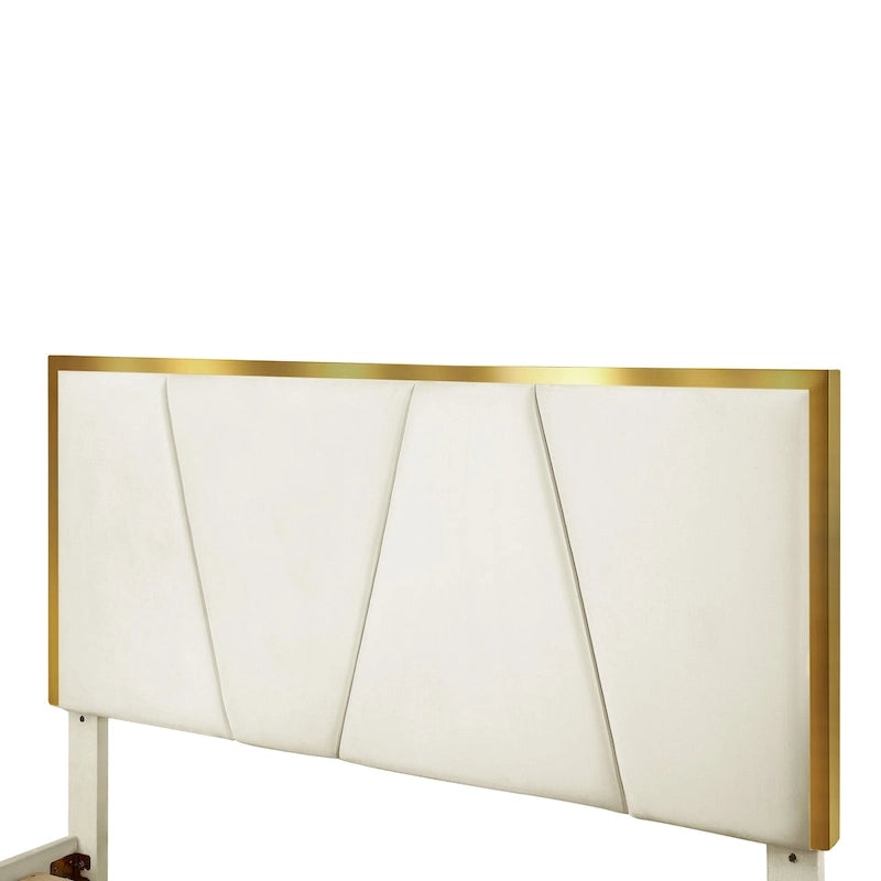 Lit plateforme entièrement rembourré DH BASIC Glam Beige avec accents dorés par Denhour