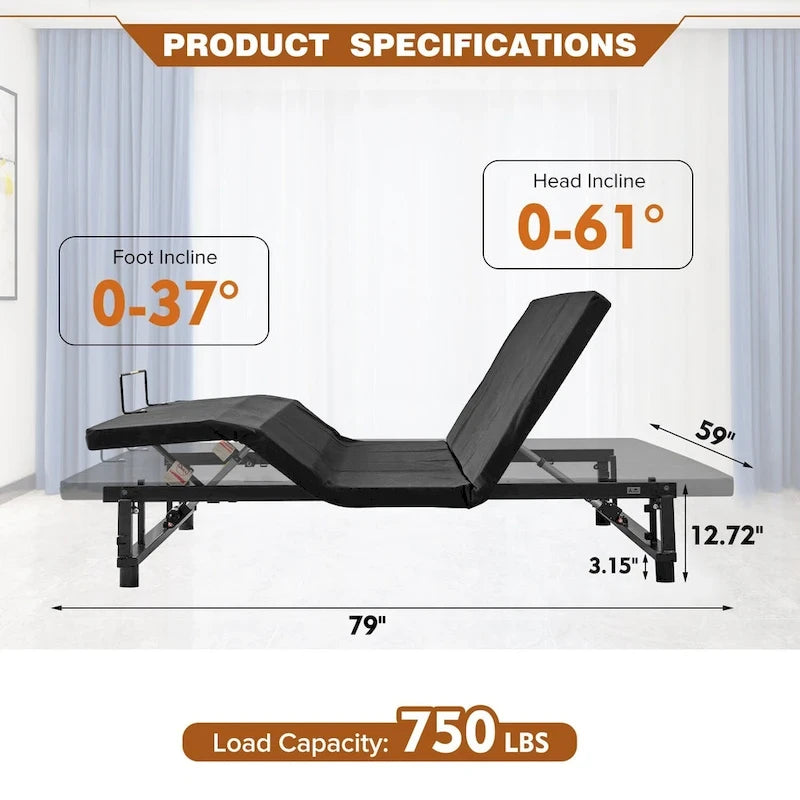 Sommier articulé pour lit Queen avec inclinaison de la tête et des pieds, télécommande sans fil, position zéro gravité