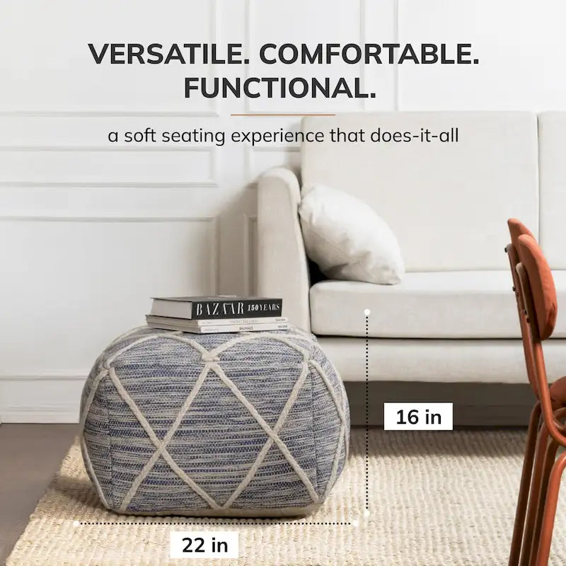 Pouf ottoman bleu Jani Kirkwood Lake de 56 cm (22 pouces) - Repose-pieds fait main pour salon, chambre, chambre d'enfant