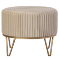 Tabouret ottoman rond en velours surélevé avec piètement doré en forme d'épingle à cheveux