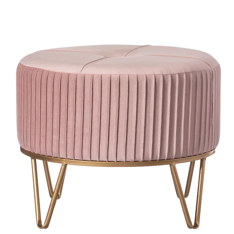 Tabouret ottoman rond en velours surélevé avec piètement doré en forme d'épingle à cheveux