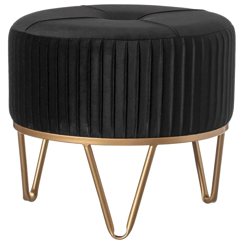 Tabouret ottoman rond en velours surélevé avec piètement doré en forme d'épingle à cheveux